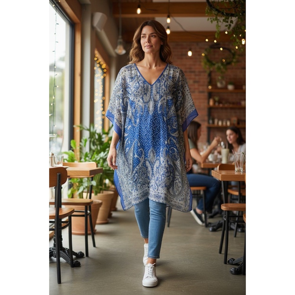 Mph Collection Kaftanmidi Lined. Blue And White Paisley.. Size XL - Picture 1 of 4